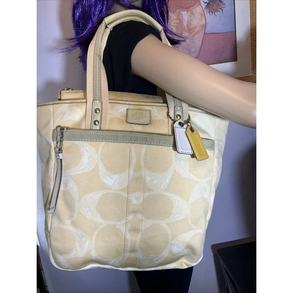 Coach Signature Print Tote Bag Purse Satchel Handbag Designer Tan - Picture 6 of 10